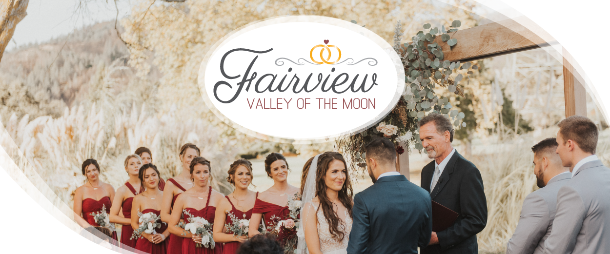 FAIRVIEW Valley of the Moon Wedding Header with wedding party outside under an oak tree